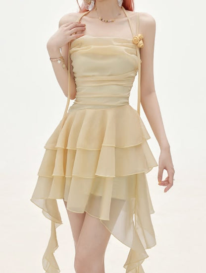 Chic Pale Yellow Halter 3D Rose Ruched A Line Short Homecoming Dress Birthday Dress AS3317