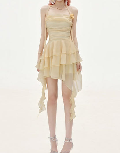Chic Pale Yellow Halter 3D Rose Ruched A Line Short Homecoming Dress Birthday Dress AS3317
