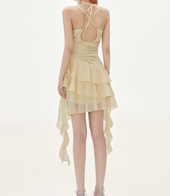 Chic Pale Yellow Halter 3D Rose Ruched A Line Short Homecoming Dress Birthday Dress AS3317