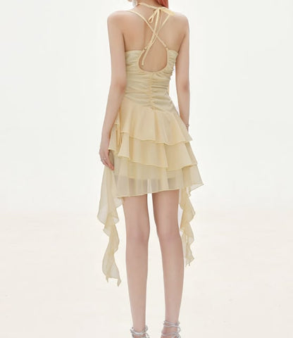 Chic Pale Yellow Halter 3D Rose Ruched A Line Short Homecoming Dress Birthday Dress AS3317