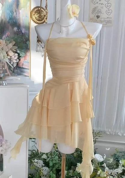 Chic Pale Yellow Halter 3D Rose Ruched A Line Short Homecoming Dress Birthday Dress AS3317