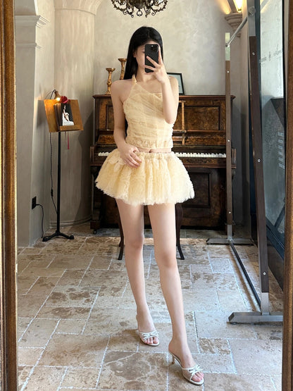 Sweet Pale Yellow Butterfly Appliques Halter Floral Tulle A Line Short Skirt Set Homecoming Dress Birthday Dress AS3320