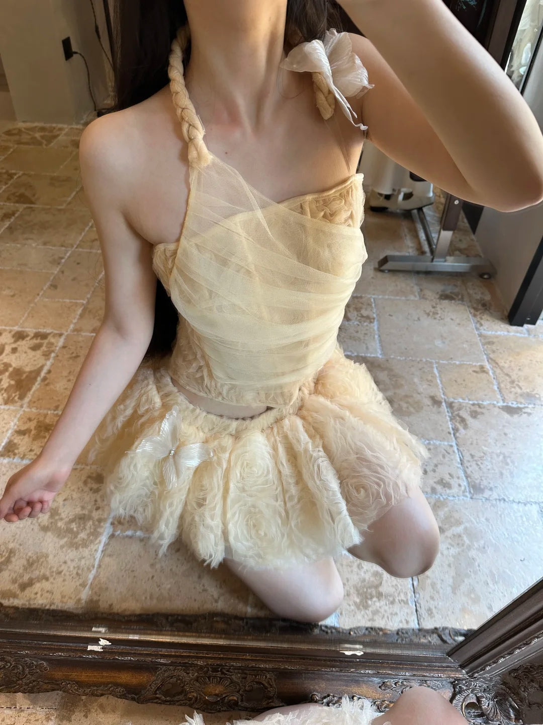 Sweet Pale Yellow Butterfly Appliques Halter Floral Tulle A Line Short Skirt Set Homecoming Dress Birthday Dress AS3320