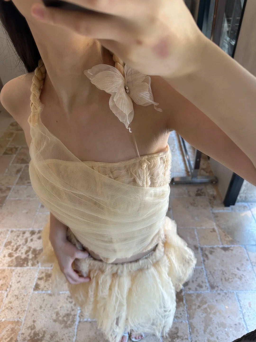 Sweet Pale Yellow Butterfly Appliques Halter Floral Tulle A Line Short Skirt Set Homecoming Dress Birthday Dress AS3320
