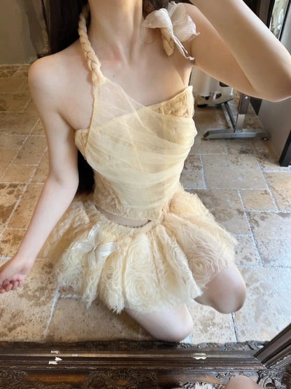 Sweet Pale Yellow Butterfly Appliques Halter Floral Tulle A Line Short Skirt Set Homecoming Dress Birthday Dress AS3320