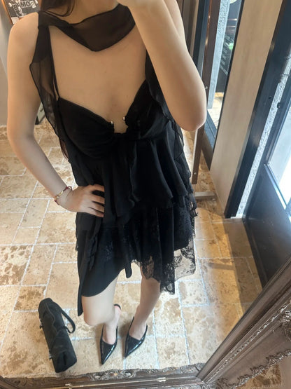 Edgy Black Spaghetti Straps Lace Irregular Hem A Line Short Homecoming Dress Birthday Dress AS3321