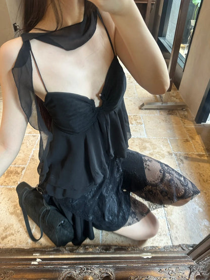 Edgy Black Spaghetti Straps Lace Irregular Hem A Line Short Homecoming Dress Birthday Dress AS3321