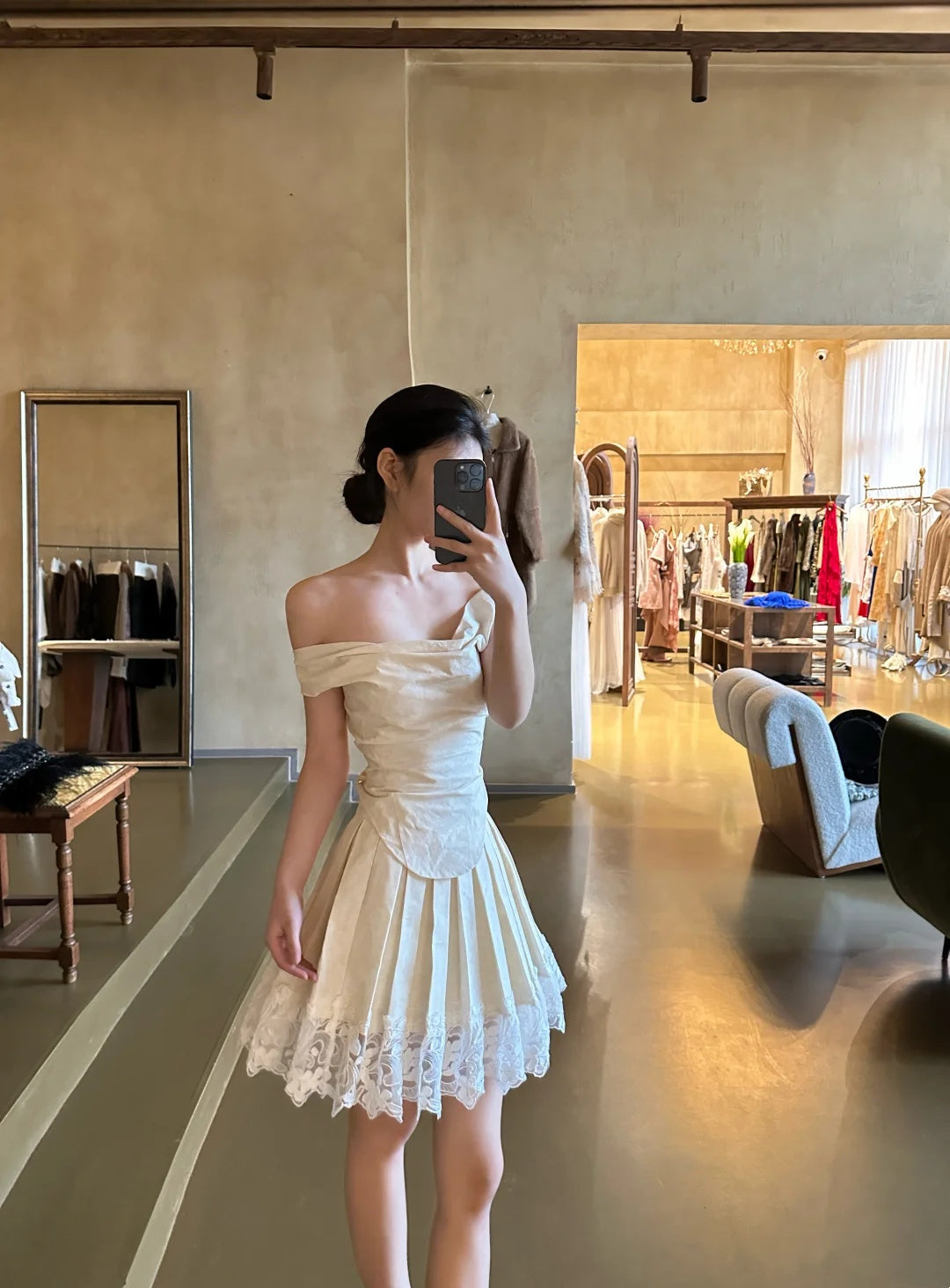 Vintage Ivory Off Shoulder Draped Lace Hem Pleated A Line Short Homecoming Dress Birthday Dress AS3323