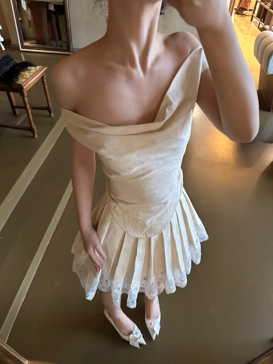Vintage Ivory Off Shoulder Draped Lace Hem Pleated A Line Short Homecoming Dress Birthday Dress AS3323