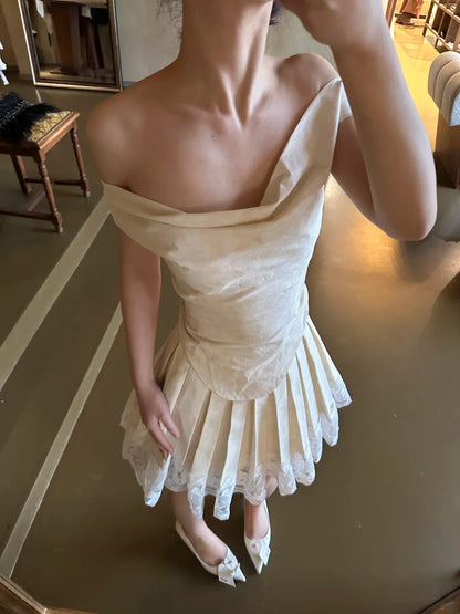 Vintage Ivory Off Shoulder Draped Lace Hem Pleated A Line Short Homecoming Dress Birthday Dress AS3323