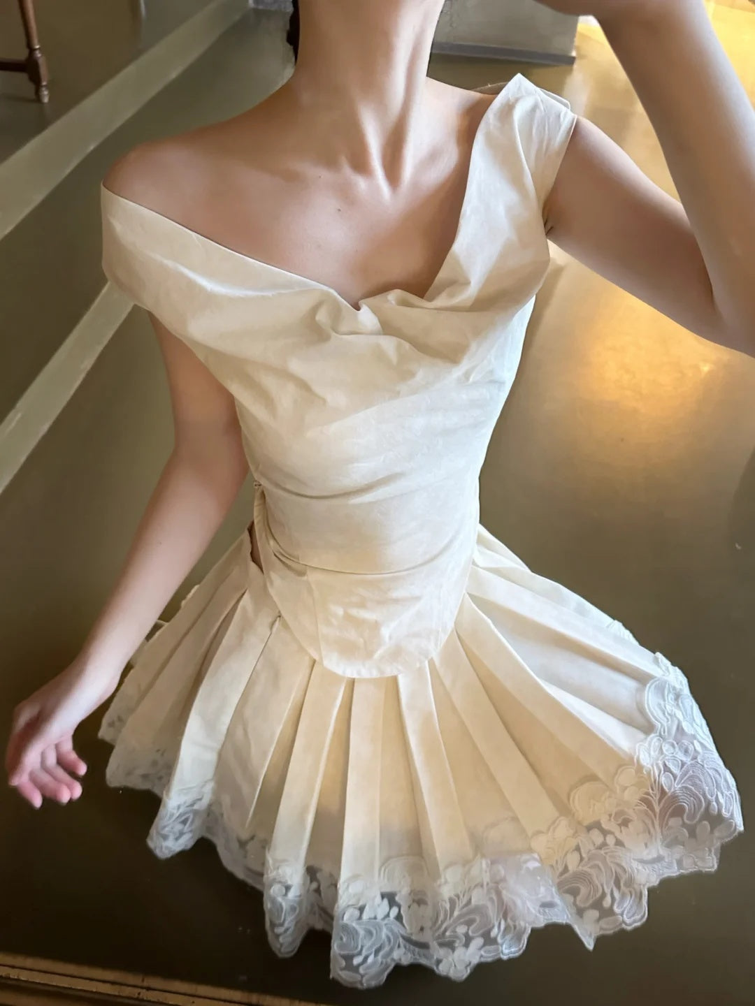 Vintage Ivory Off Shoulder Draped Lace Hem Pleated A Line Short Homecoming Dress Birthday Dress AS3323