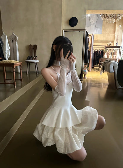 Elegant White Spaghetti Straps Sequin A Line Bubble Short Homecoming Dress Birthday Dress AS3324