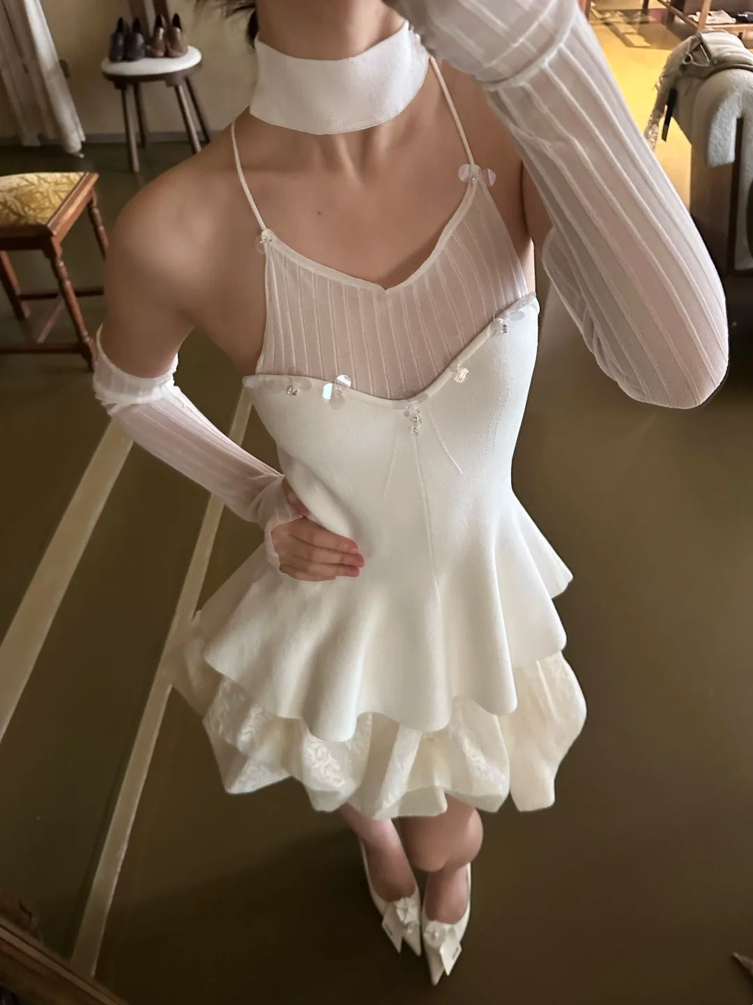 Elegant White Spaghetti Straps Sequin A Line Bubble Short Homecoming Dress Birthday Dress AS3324