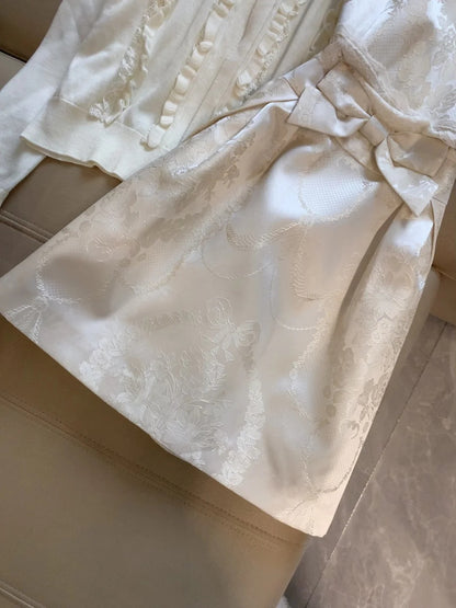 Chic Ivory Sleeveless Round Neck Floral Jacquard Bow A-Line Short Homecoming Dress Birthday Dress AS3325