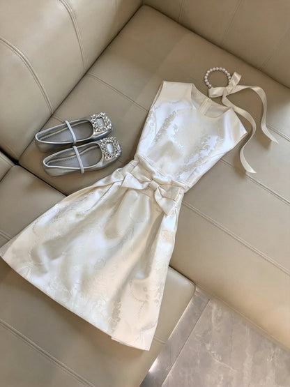 Chic Ivory Sleeveless Round Neck Floral Jacquard Bow A-Line Short Homecoming Dress Birthday Dress AS3325