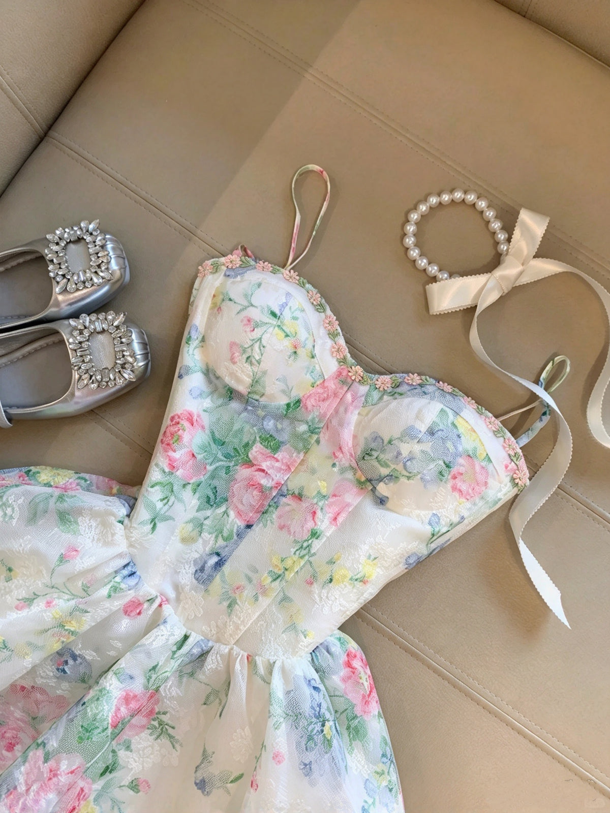 Dreamy White Floral Spaghetti Straps Sweetheart A Line Short Homecoming Dress Birthday Dress AS3327