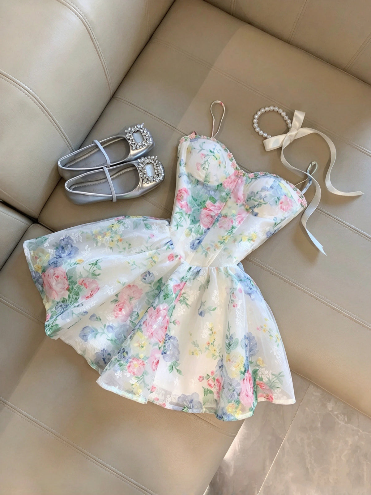 Dreamy White Floral Spaghetti Straps Sweetheart A Line Short Homecoming Dress Birthday Dress AS3327