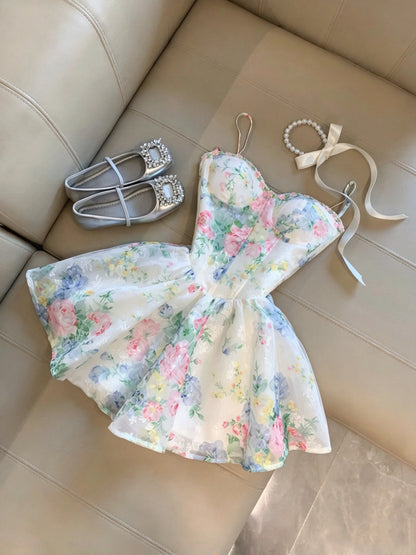 Dreamy White Floral Spaghetti Straps Sweetheart A Line Short Homecoming Dress Birthday Dress AS3327