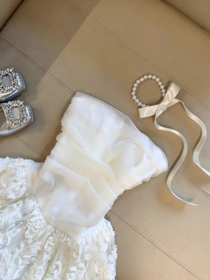 Ethereal White Strapless Ruched 3D Floral Tulle Bubble Short Homecoming Dress Birthday Dress AS3328