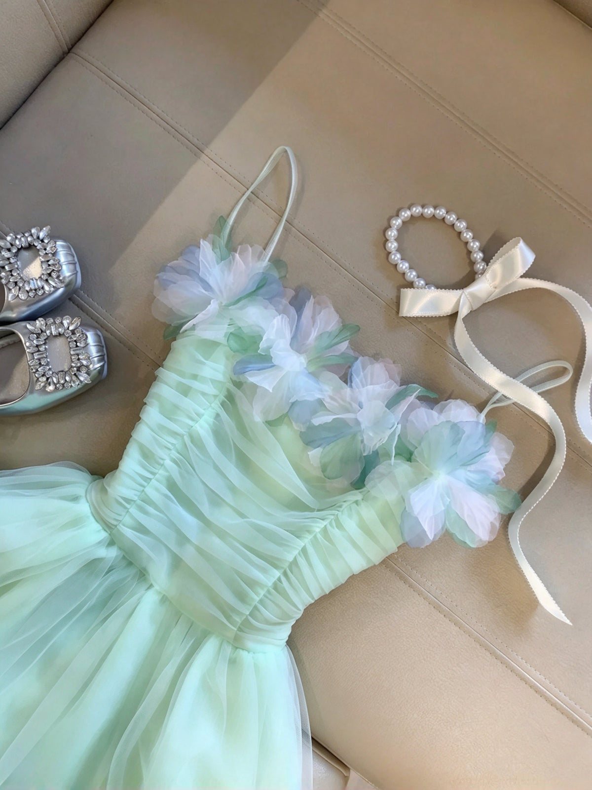 Fresh Mint Spaghetti Straps Ruched 3D Floral Tulle A Line Short Homecoming Dress Birthday Dress AS3329