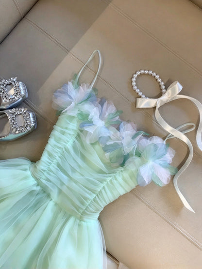 Fresh Mint Spaghetti Straps Ruched 3D Floral Tulle A Line Short Homecoming Dress Birthday Dress AS3329