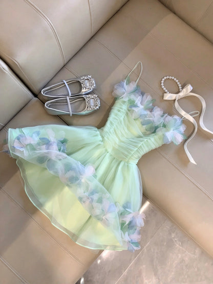 Fresh Mint Spaghetti Straps Ruched 3D Floral Tulle A Line Short Homecoming Dress Birthday Dress AS3329