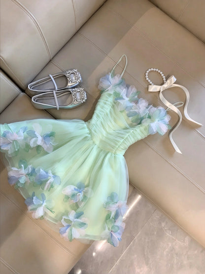 Fresh Mint Spaghetti Straps Ruched 3D Floral Tulle A Line Short Homecoming Dress Birthday Dress AS3329