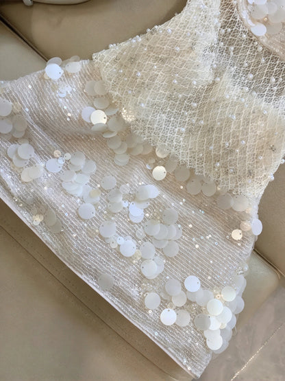 Glam Ivory Halter Sequin Beaded Bodycon Mini Homecoming Dress Birthday Party Dress AS3330