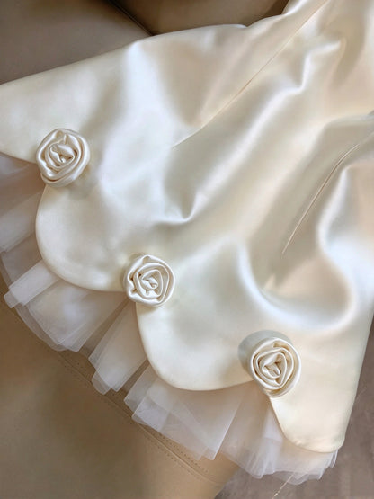 Luxury Ivory Satin Round Neck Sleeveless Bow 3D Rose A-Line Short Homecoming Dress Birthday Dress AS3332