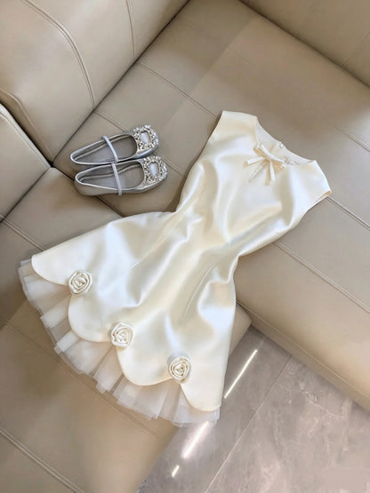 Luxury Ivory Satin Round Neck Sleeveless Bow 3D Rose A-Line Short Homecoming Dress Birthday Dress AS3332