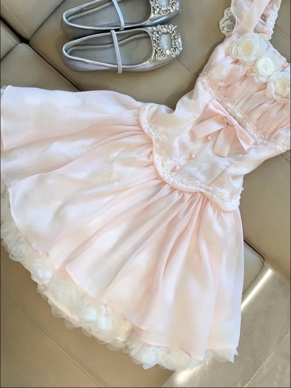Sweet Pink Ruffle Strap Square Neck 3D Floral Bow A Line Short Homecoming Dress Birthday Dress AS3333