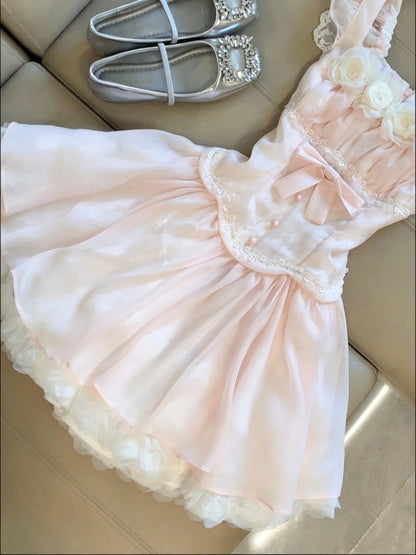 Sweet Pink Ruffle Strap Square Neck 3D Floral Bow A Line Short Homecoming Dress Birthday Dress AS3333