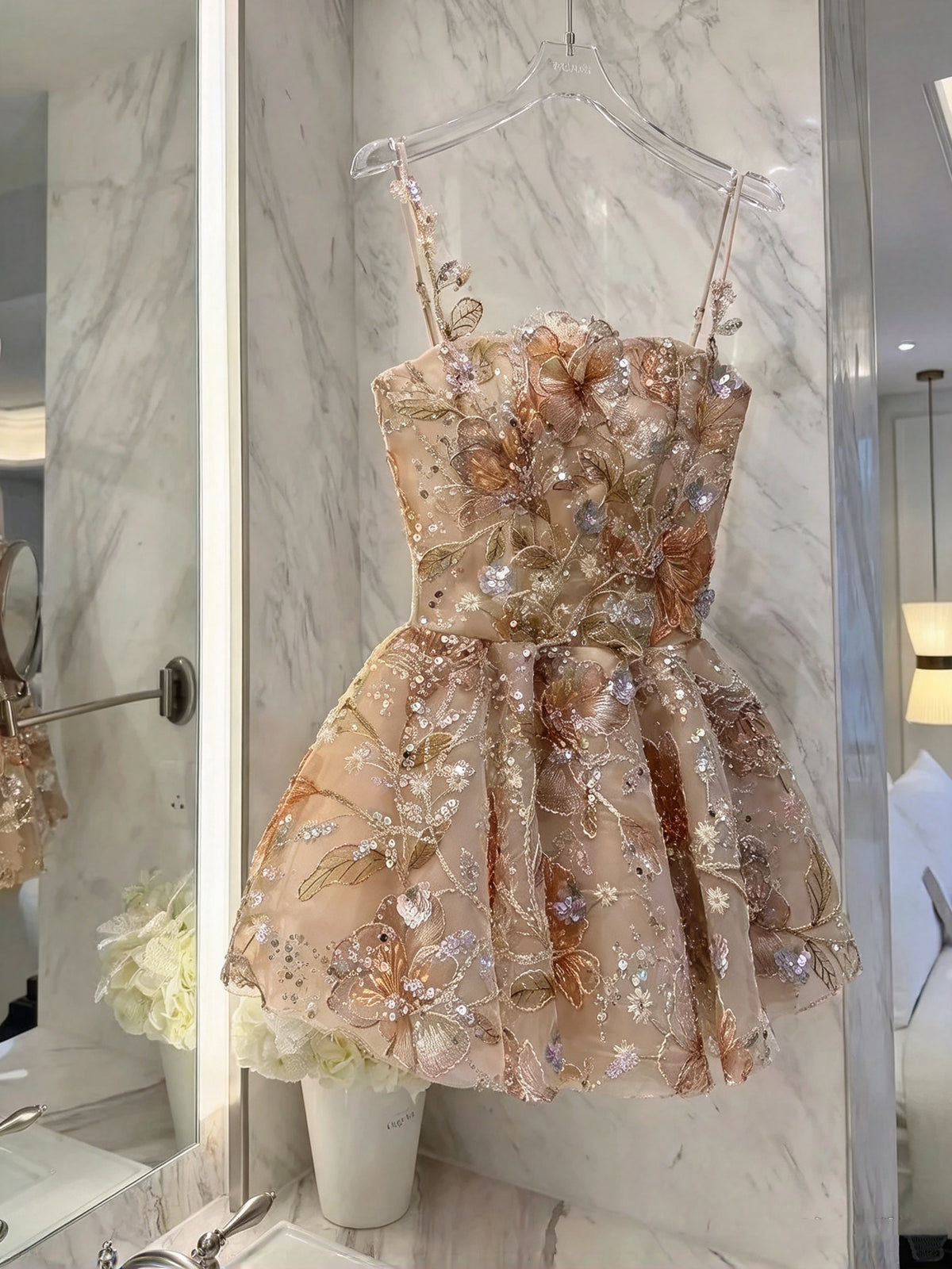 Gorgeous Champagne Spaghetti Straps 3D Floral Beaded Sequin Tulle A Line Short Homecoming Dress Birthday Dress AS3334