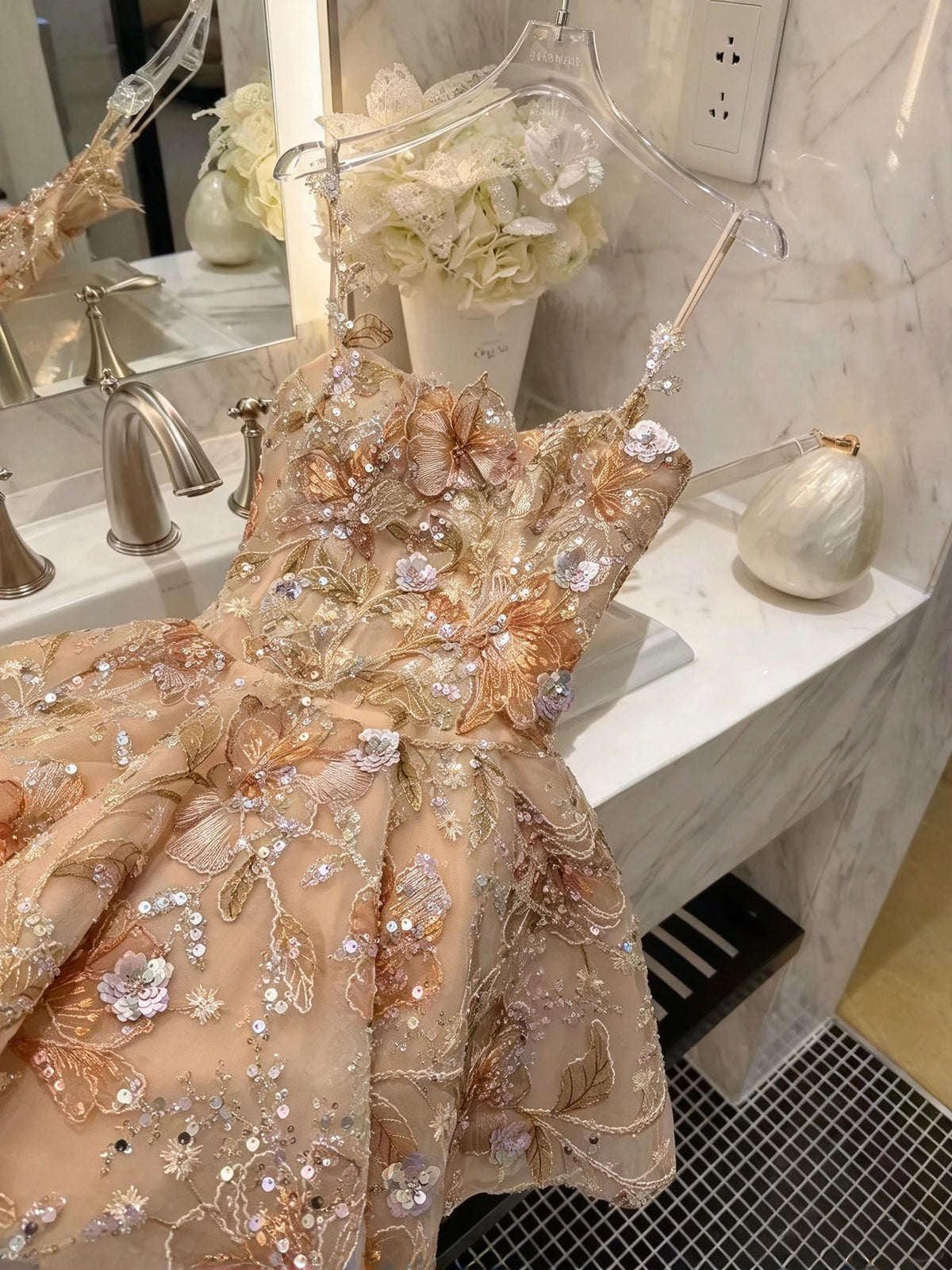 Gorgeous Champagne Spaghetti Straps 3D Floral Beaded Sequin Tulle A Line Short Homecoming Dress Birthday Dress AS3334