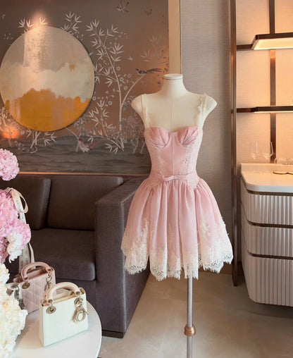 Romantic Pink Lace Strap Sweetheart Bow A-Line Short Homecoming Dress Birthday Dress AS3335