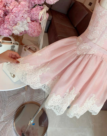 Romantic Pink Lace Strap Sweetheart Bow A-Line Short Homecoming Dress Birthday Dress AS3335