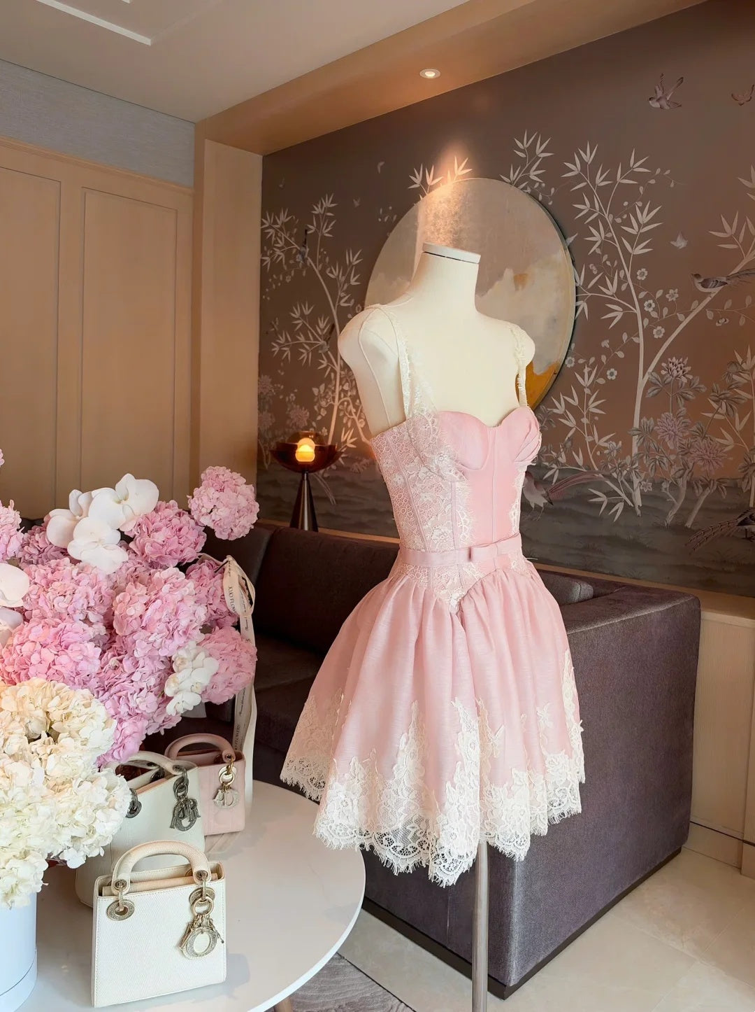 Romantic Pink Lace Strap Sweetheart Bow A-Line Short Homecoming Dress Birthday Dress AS3335
