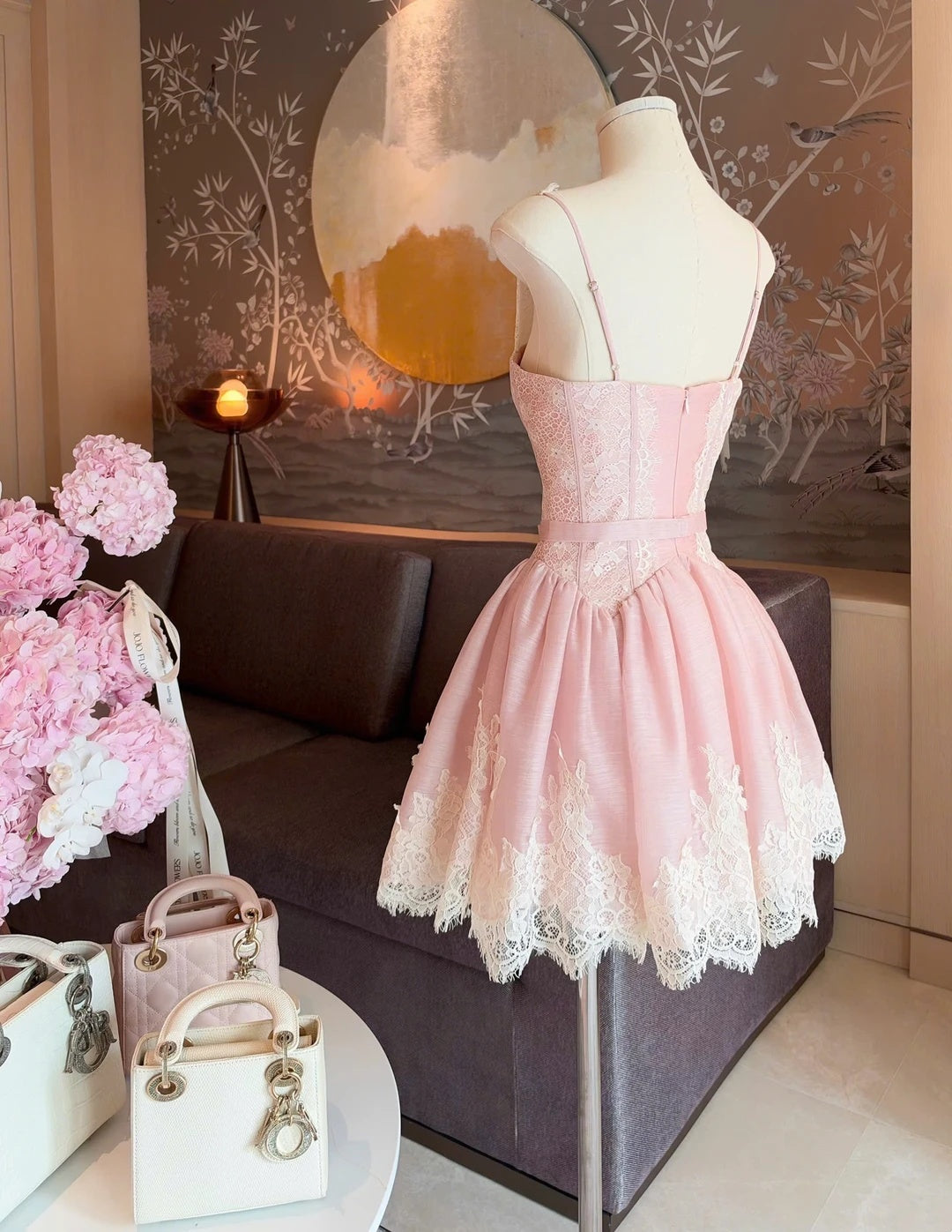 Romantic Pink Lace Strap Sweetheart Bow A-Line Short Homecoming Dress Birthday Dress AS3335