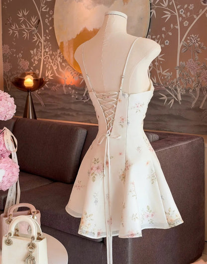 Delicate Ivory Floral Print Spaghetti Straps Sweetheart Cutout A-Line Short Homecoming Dress Birthday Dress AS3336