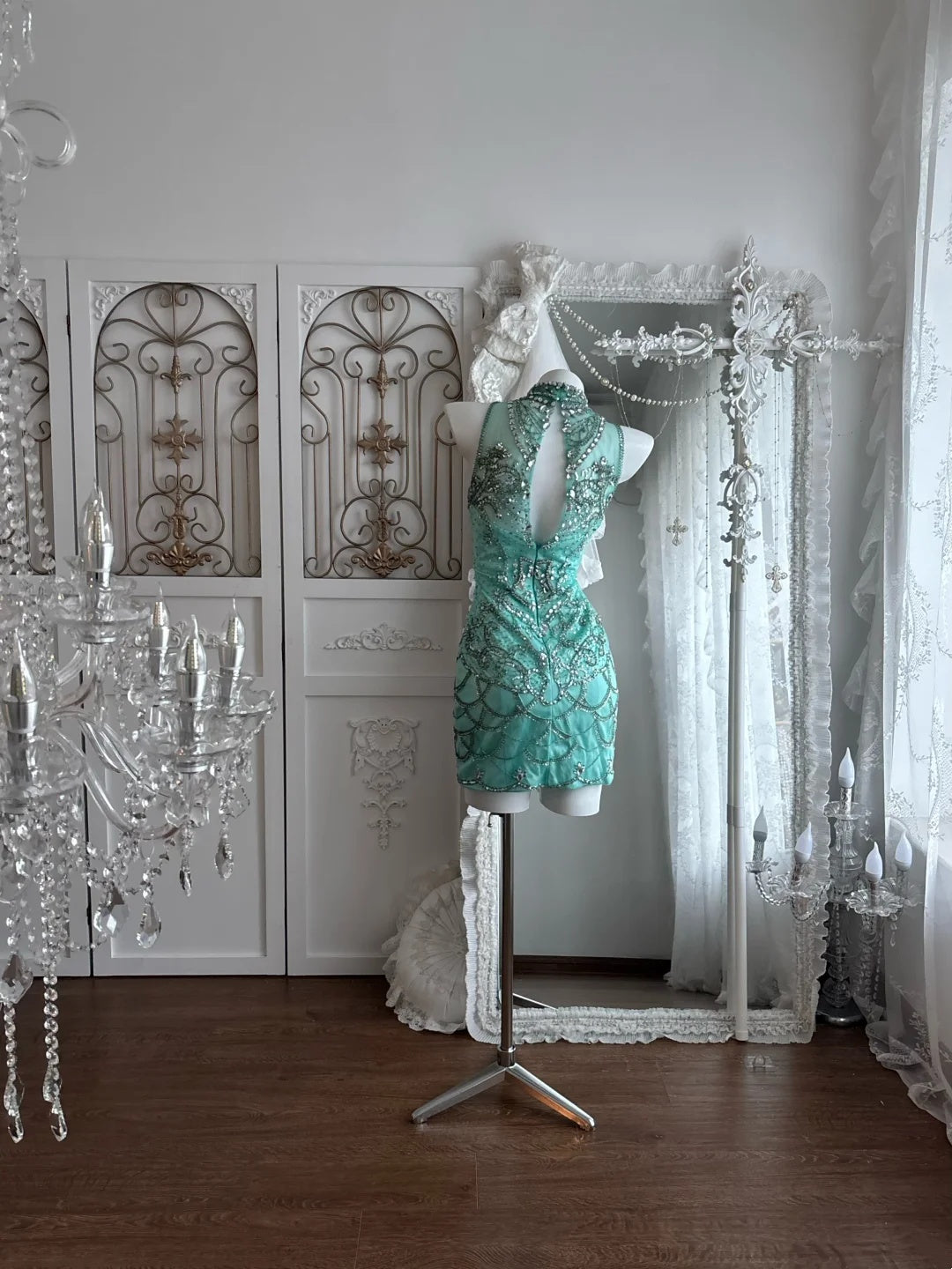 Stunning Turquoise High Neck Rhinestone Beaded Bodycon Short Homecoming Dress Birthday Dress AS3337