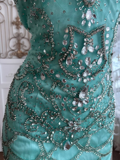 Stunning Turquoise High Neck Rhinestone Beaded Bodycon Short Homecoming Dress Birthday Dress AS3337