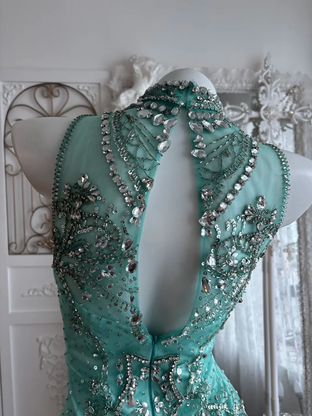 Stunning Turquoise High Neck Rhinestone Beaded Bodycon Short Homecoming Dress Birthday Dress AS3337