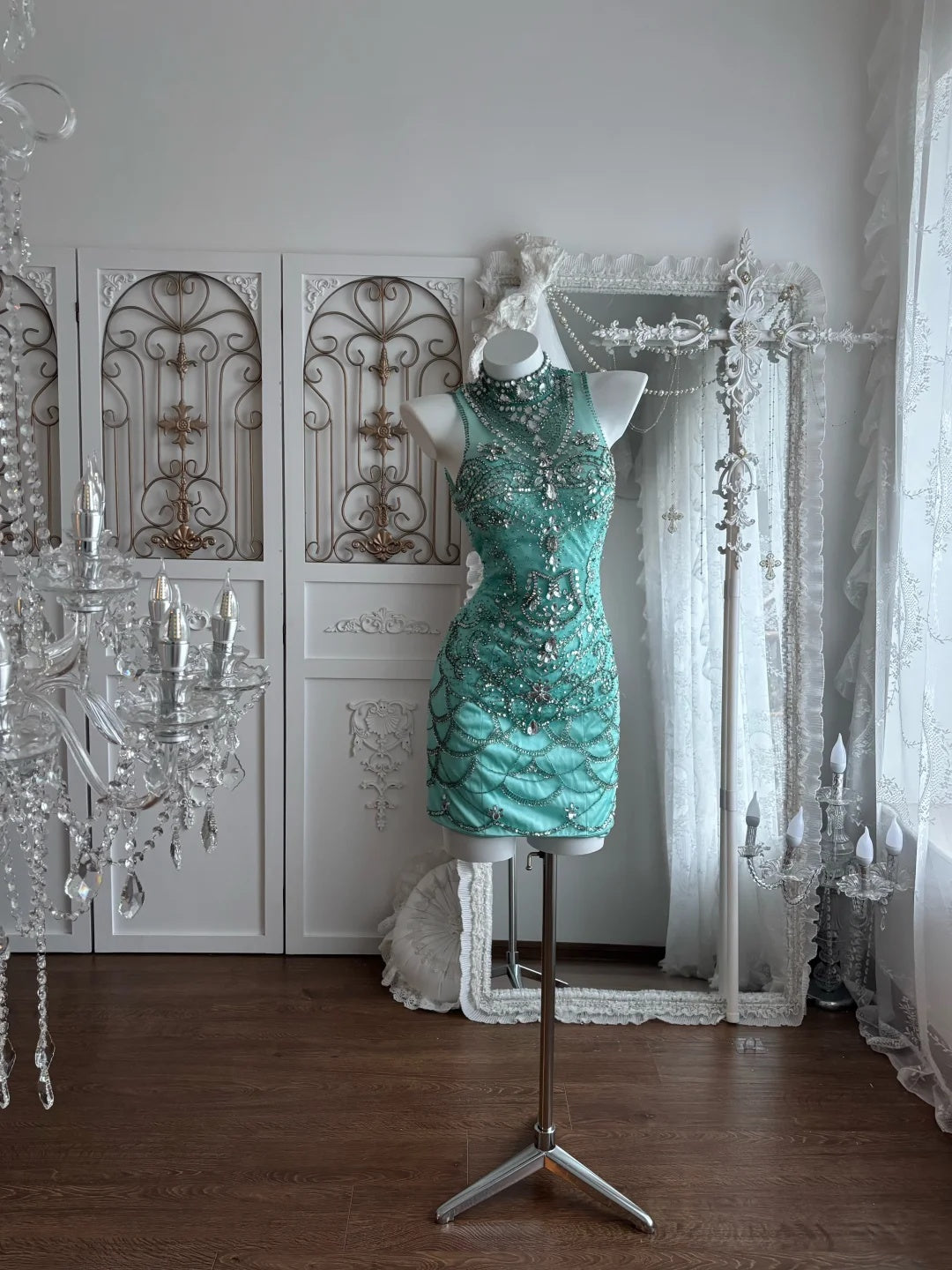 Stunning Turquoise High Neck Rhinestone Beaded Bodycon Short Homecoming Dress Birthday Dress AS3337