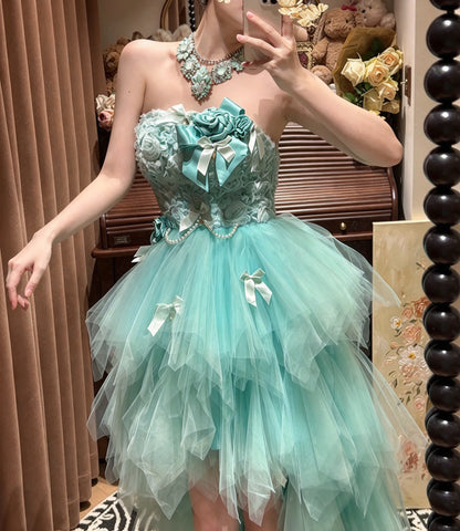 Dreamy Turquoise Strapless 3D Floral Bow Beaded High Low Tulle A Line Short Homecoming Dress Birthday Dress AS3338