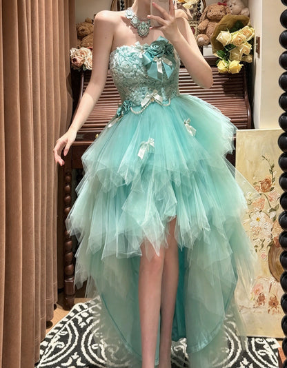 Dreamy Turquoise Strapless 3D Floral Bow Beaded High Low Tulle A Line Short Homecoming Dress Birthday Dress AS3338