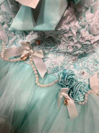 Dreamy Turquoise Strapless 3D Floral Bow Beaded High Low Tulle A Line Short Homecoming Dress Birthday Dress AS3338