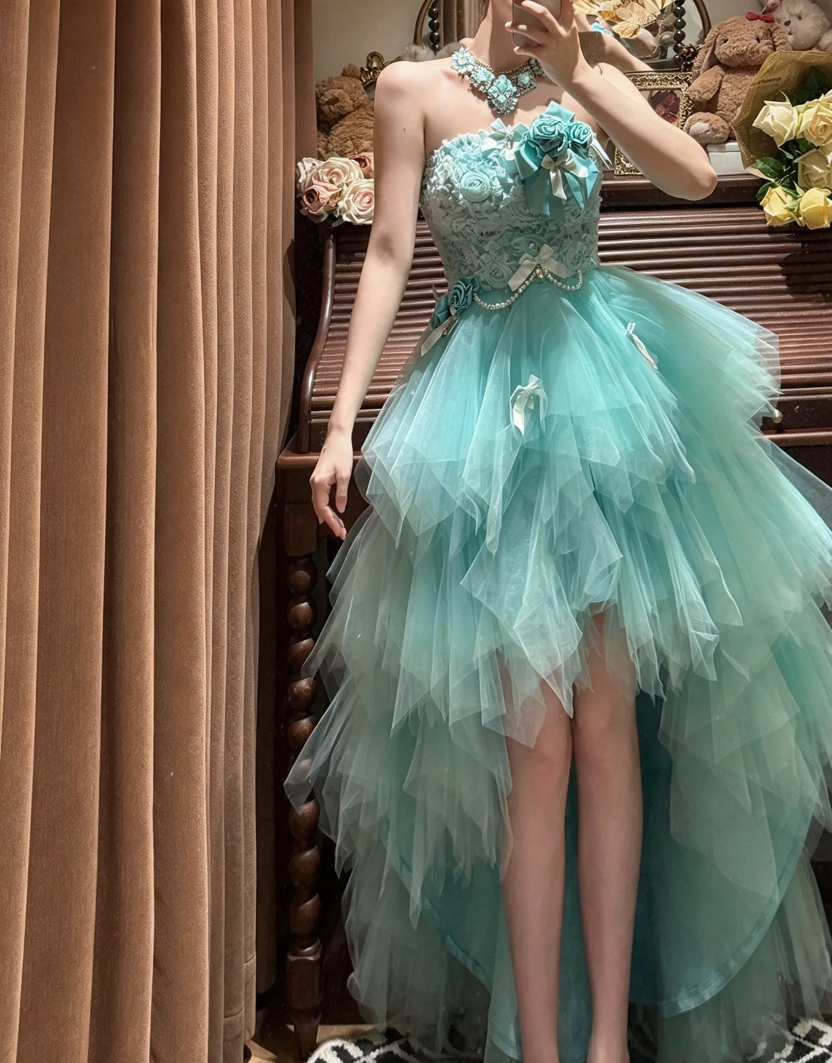 Dreamy Turquoise Strapless 3D Floral Bow Beaded High Low Tulle A Line Short Homecoming Dress Birthday Dress AS3338
