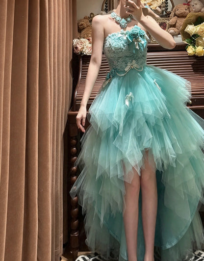 Dreamy Turquoise Strapless 3D Floral Bow Beaded High Low Tulle A Line Short Homecoming Dress Birthday Dress AS3338