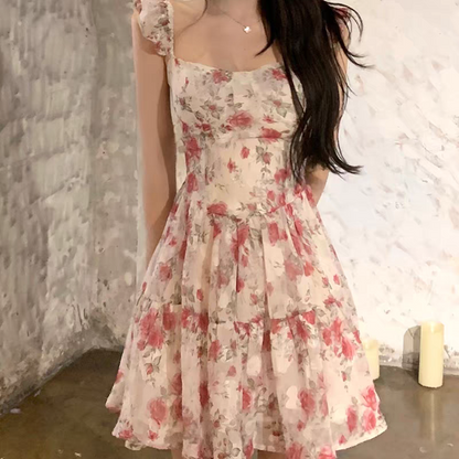 Romantic Ivory Pink Floral Square Neck Ruffle Strap A Line Short Homecoming Dress Birthday Dress AS3352