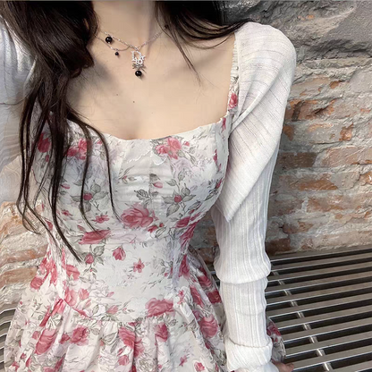 Romantic Ivory Pink Floral Square Neck Ruffle Strap A Line Short Homecoming Dress Birthday Dress AS3352